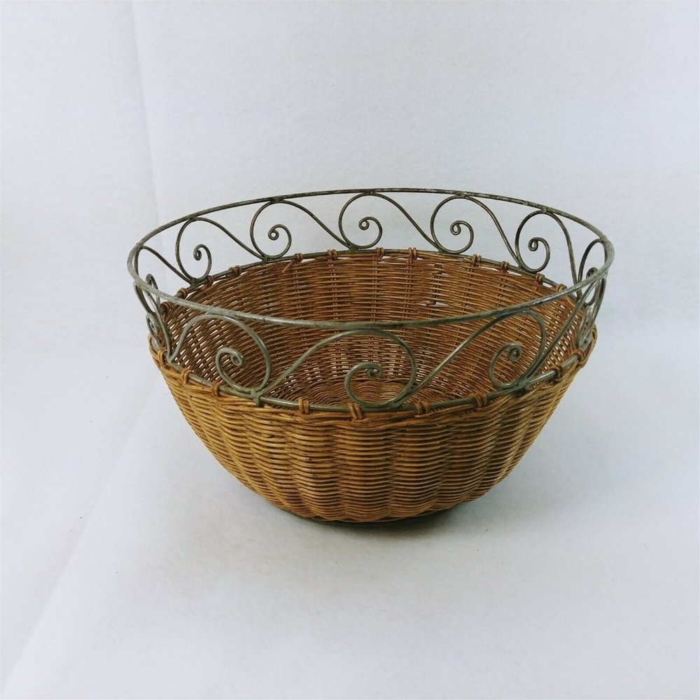 Wicker Basket With Scrolled Metal Rim Metal Base 11 1/2 Dia